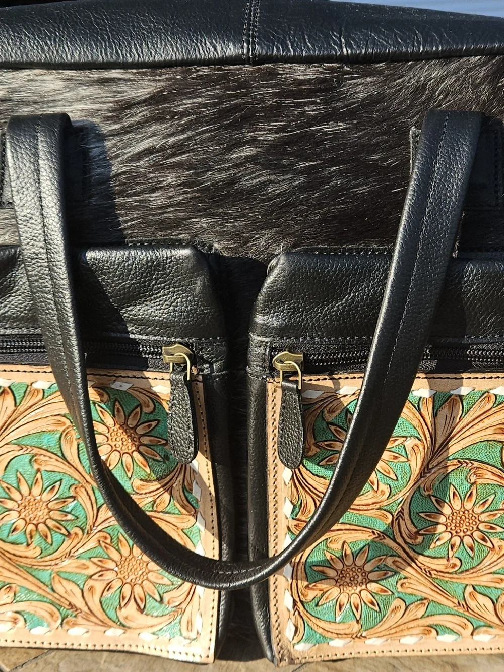 Myra Style Western Cowhide Tote Turquoise Sunflower Tooled Leather Briefcase